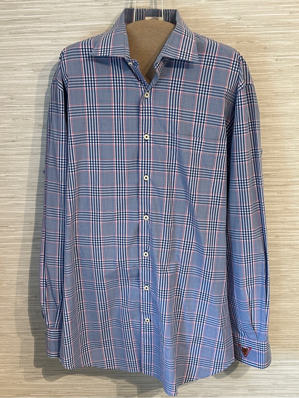 Peter Millar Mens Large Plaid Button Down Shirt Blue Pink Checked Cotton